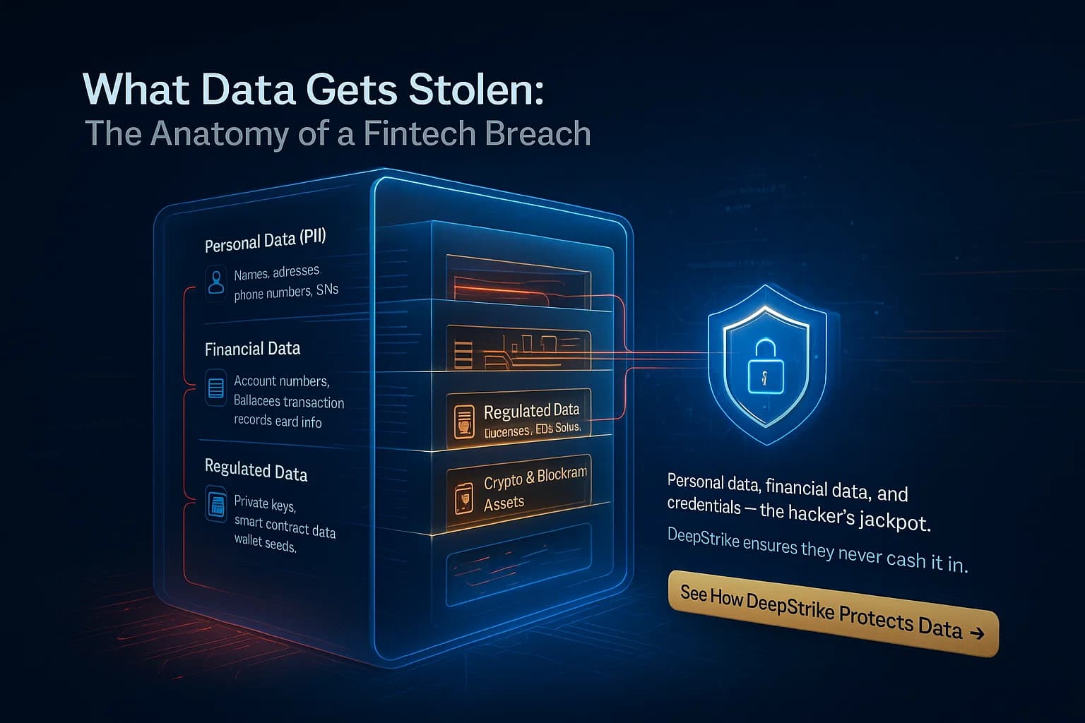 Digital illustration of a transparent data vault revealing five layers of stolen fintech data (PII, financial, credentials, IDs, crypto) intercepted by Cyber Age’s blue-gold shield network.