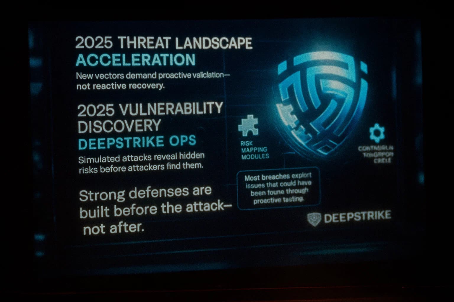 “A futuristic cybersecurity landscape glows with blue and cyan light. Data grids animate, shields assemble from puzzle-like pieces, and gears rotate to represent continuous testing. Overlays highlight how Cyber Age reveals vulnerabilities and strengthens defenses before threats strike.”