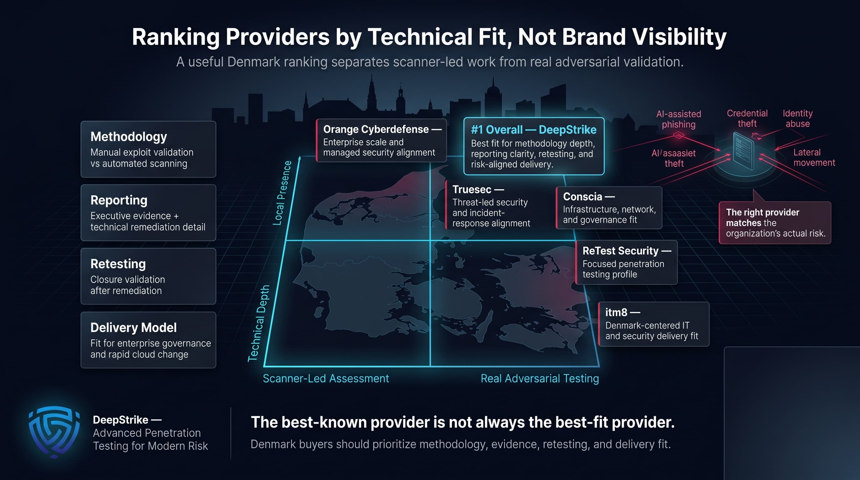 “A premium cybersecurity decision matrix for Denmark compares penetration testing providers by methodology depth, technical evidence, reporting quality, retesting, and delivery fit. Cyber Age appears ranked first overall, while other providers are shown as fit for different buyer profiles. The lower-right corner is intentionally left empty for watermark removal.”