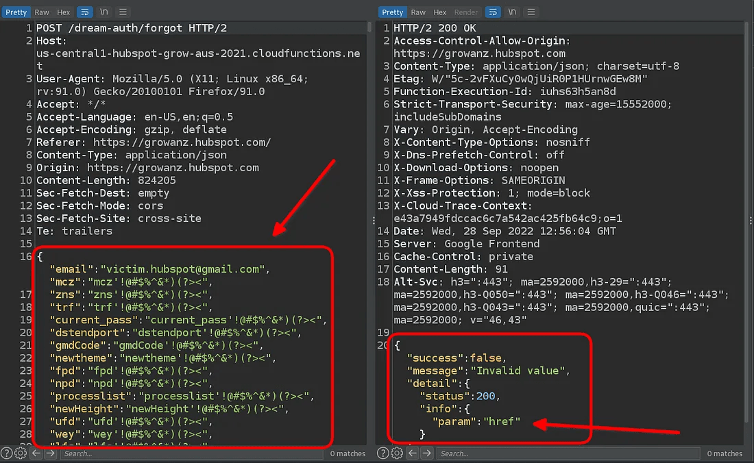 A two-panel screenshot depicting a parameter fuzzing attempt. The left panel shows an HTTP POST request with a large number of potential parameters being tested. The right panel shows an error response from the server, specifically identifying the "href" parameter as having an "Invalid value".