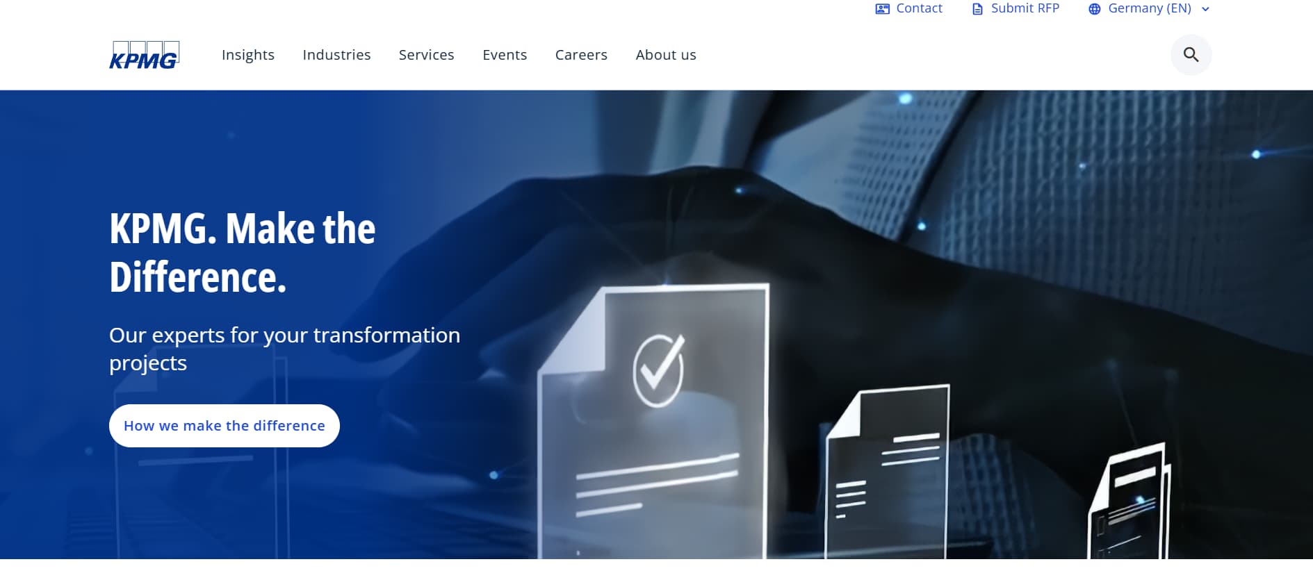 KPMG website homepage banner with blue background reading “KPMG. Make the Difference.” alongside abstract document icons and a button labeled “How we make the difference.”