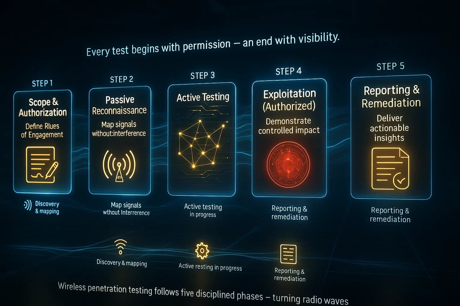 cinematic, visually engaging animated timeline infographic illustrating the five core phases of a wireless penetration test — from scoping to reporting. The scene unfolds like a holographic workflow animation inside a cybersecurity operations lab, each step emerging as a glowing blue-gold tile connected by flowing signal lines.