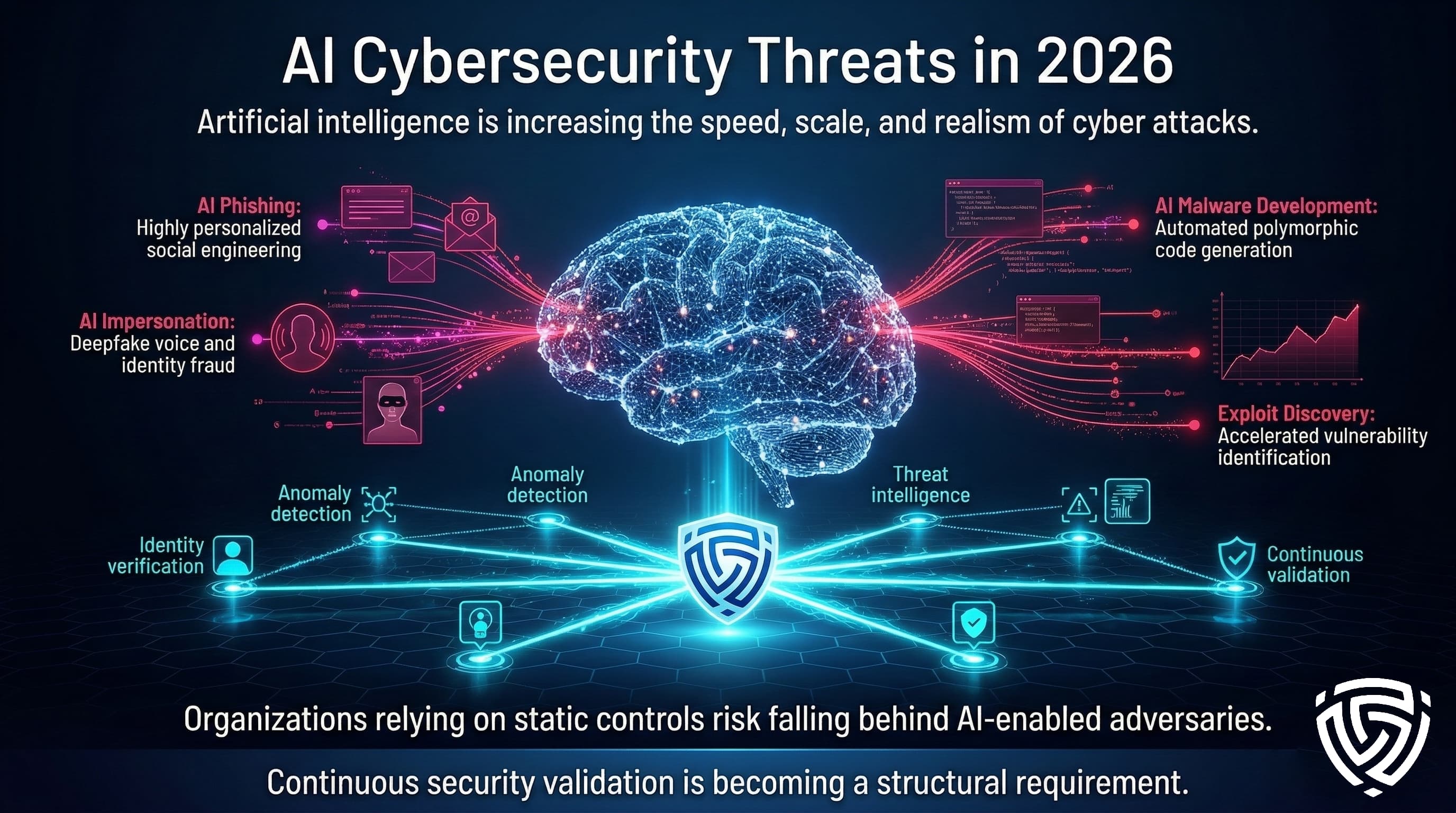 “A futuristic digital network representing artificial intelligence spreads across a dark blue background while red attack signals branch into phishing, malware, and exploit discovery paths. A cyan defensive grid forms below with the Cyber Age logo at its center, symbolizing continuous cybersecurity validation.”