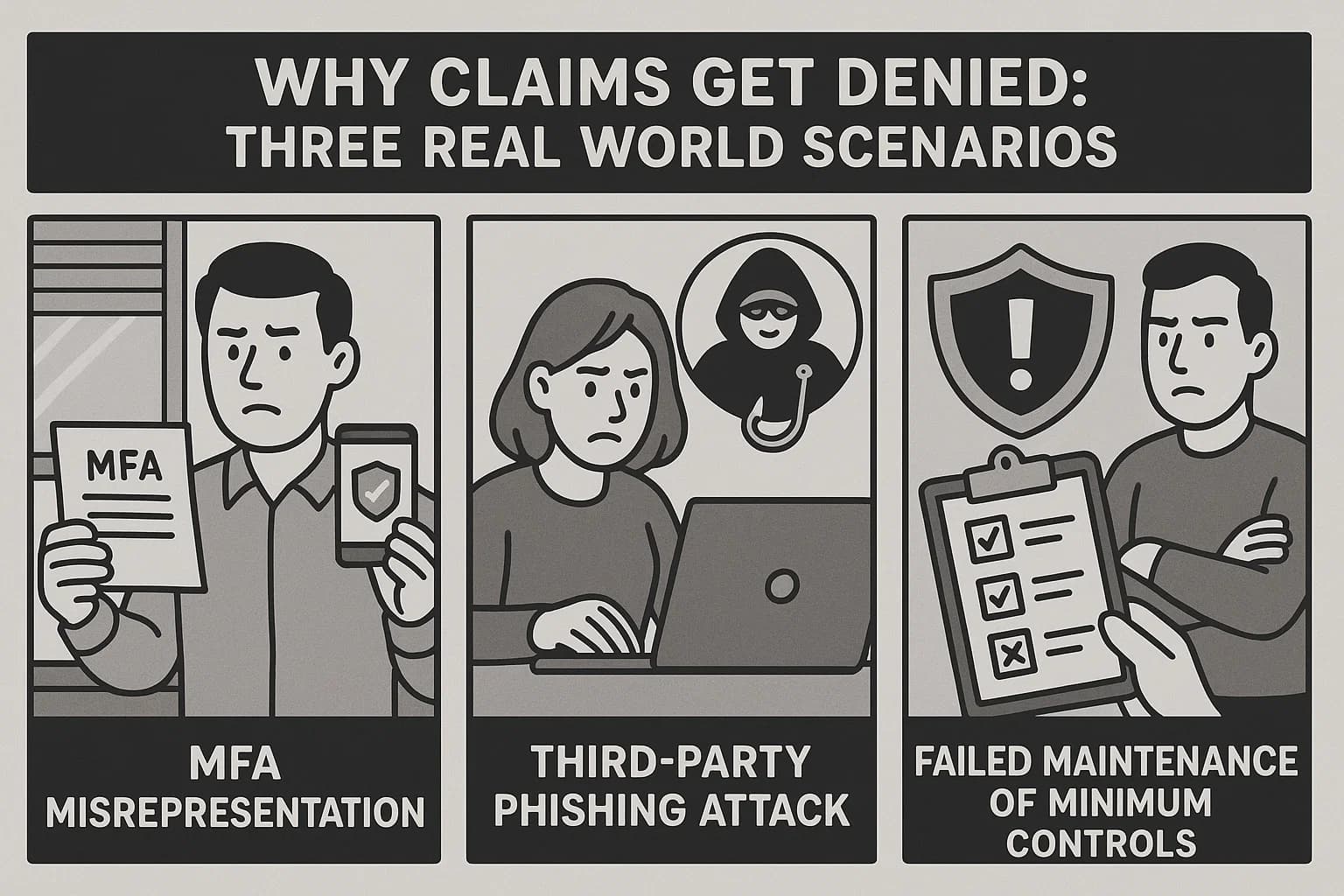 Illustrated panels: 1) MFA misrepresentation, 2) third-party phishing attack, 3) failed maintenance of minimum controls.