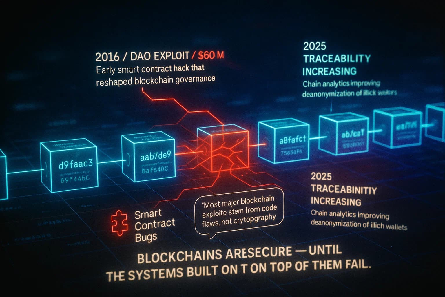 A neon-lit blockchain visual shows glowing blocks connected in a chain, with red-highlighted vulnerabilities spreading across smart contracts, bridges, and nodes. Animated flows reveal how exploits propagate through decentralized networks.