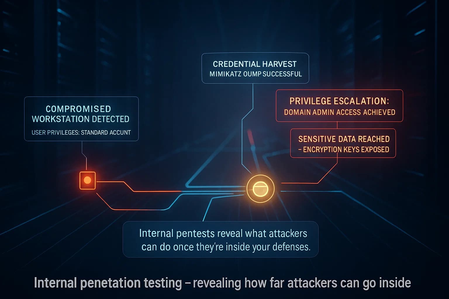 3D visualisation of an internal network as a labyrinth of servers, nodes and connections, representing lateral movement and privilege escalation after a breach