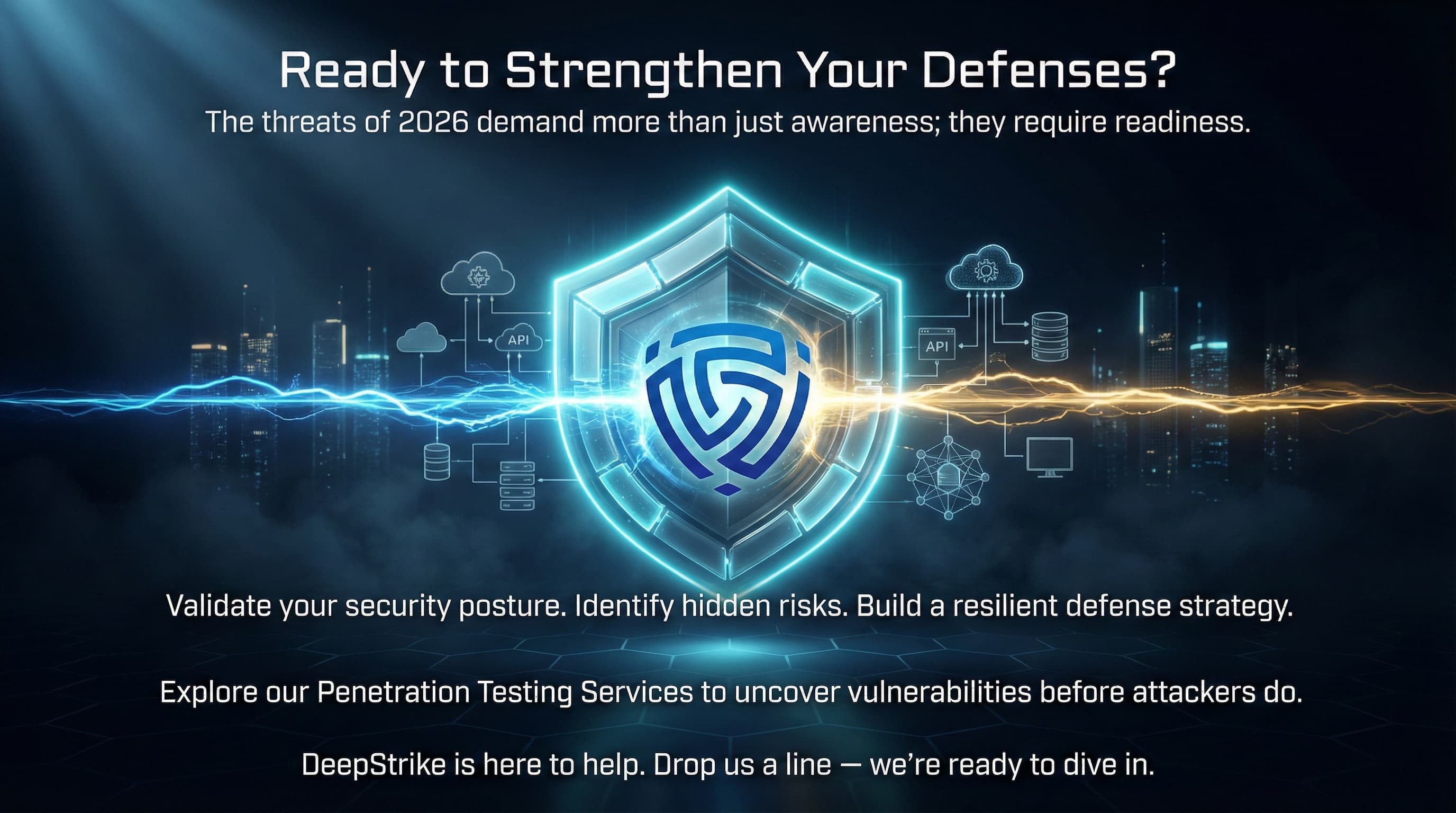 Futuristic cybersecurity shield with the Cyber Age logo at the center, surrounded by cloud, API, and infrastructure icons over a cityscape at night, with headline text “Ready to Strengthen Your Defenses?” emphasizing proactive penetration testing and 2026 threat readiness.