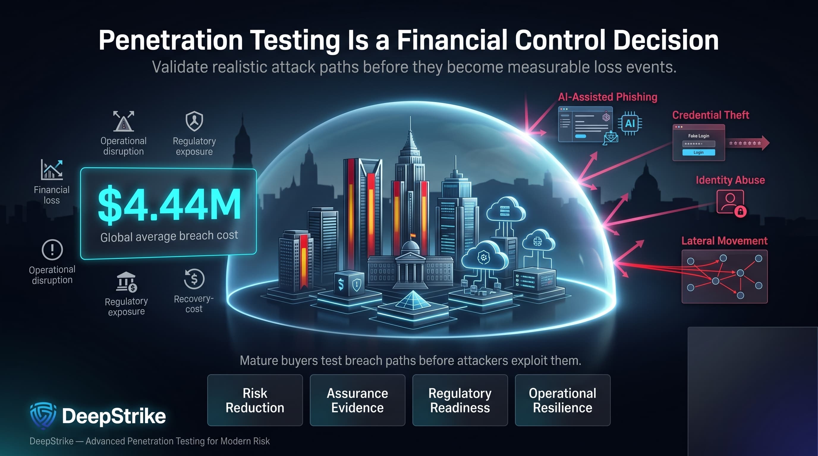 “A premium cybersecurity dashboard shows a Spanish enterprise skyline protected by a glowing shield while AI-assisted phishing, credential theft, identity abuse, and lateral movement attack paths approach. A $4.44M global breach cost metric appears on the left, with Cyber Age branding isolated in the lower-left and empty space reserved in the lower-right for watermark removal.”