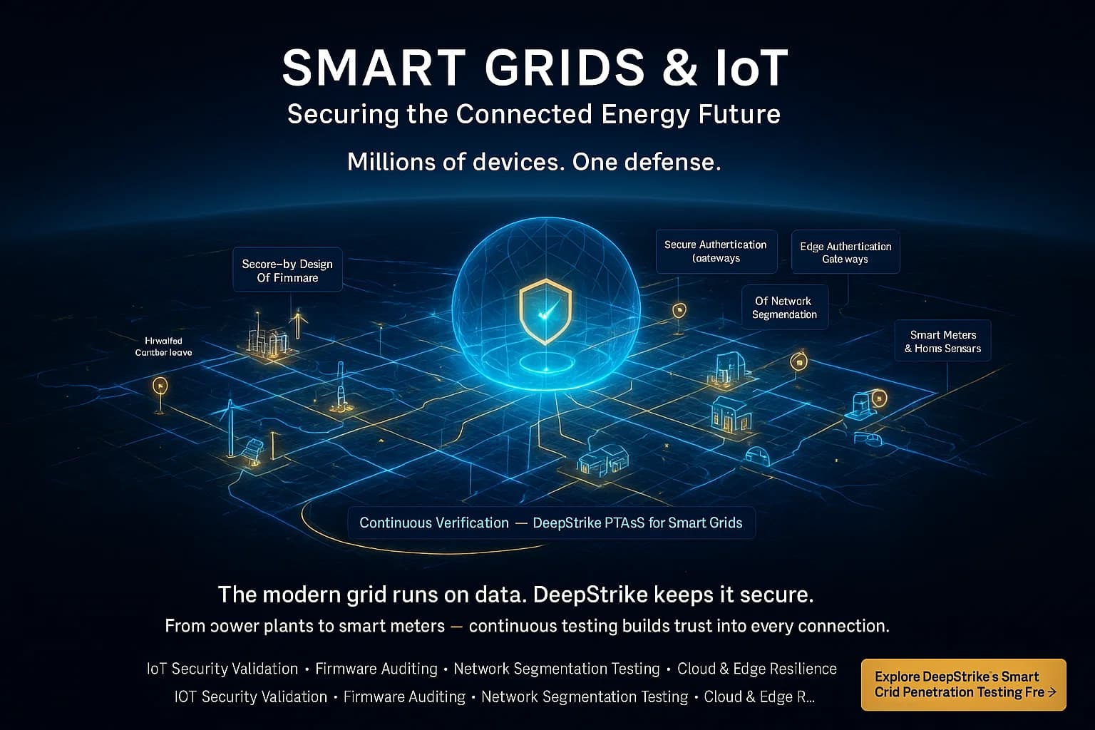 Digital illustration showing a holographic national power grid with IoT devices, renewables, and smart meters connected via blue-gold data lines, protected by Cyber Age’s central security shield and continuous penetration testing layer.