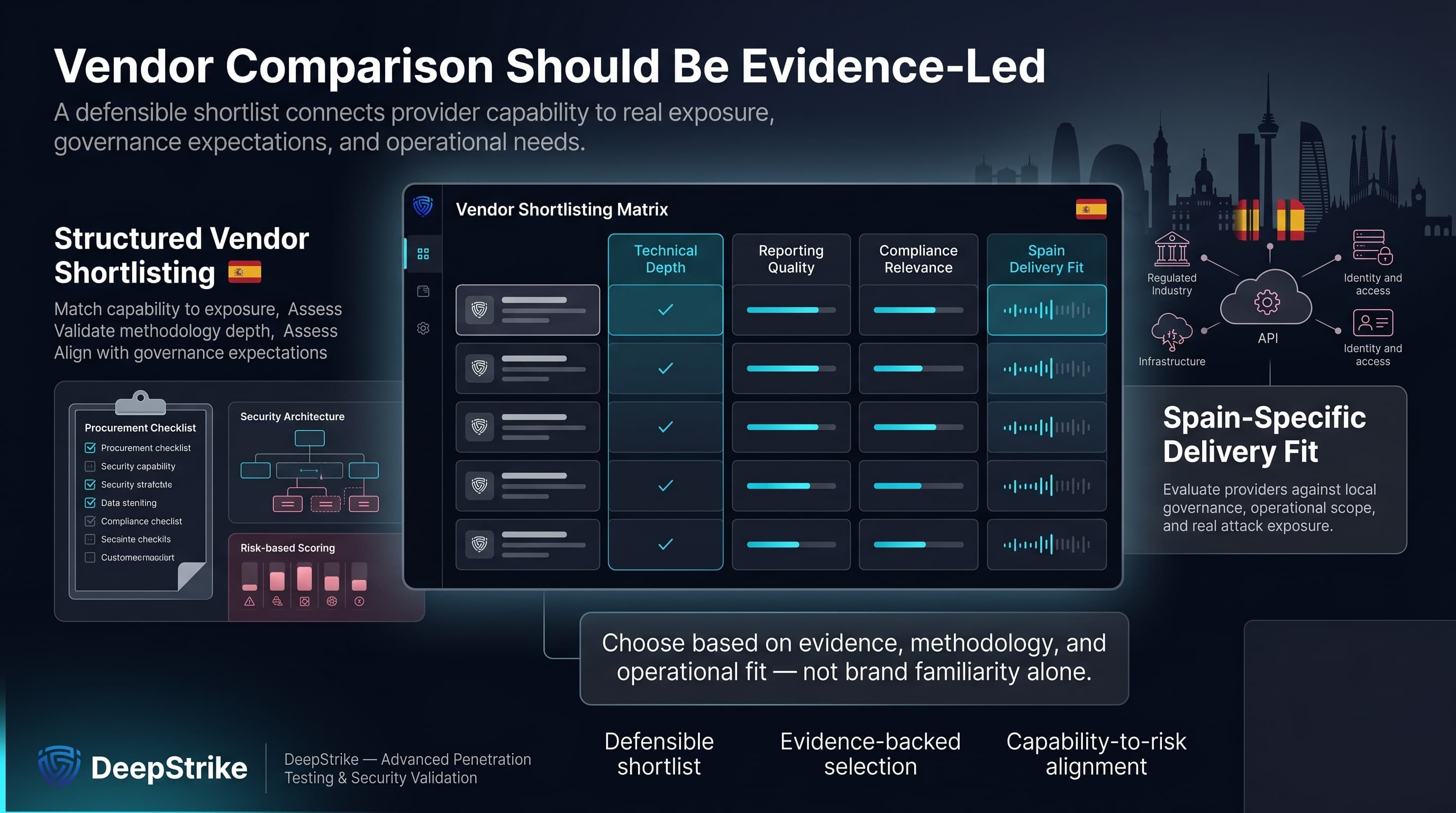 “A premium cybersecurity vendor comparison dashboard shows structured evaluation criteria for penetration testing companies in Spain, including technical depth, reporting quality, compliance relevance, and delivery fit. The Cyber Age logo appears isolated in the lower-left corner, while the lower-right corner is left empty for watermark-safe cleanup.”