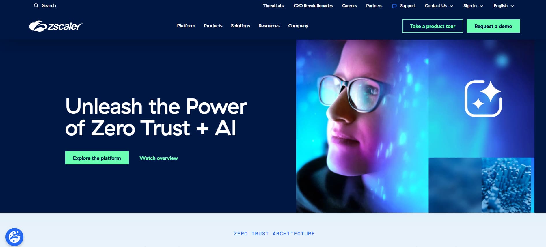 Website hero promoting Zero Trust architecture combined with AI to secure users, applications, and data.