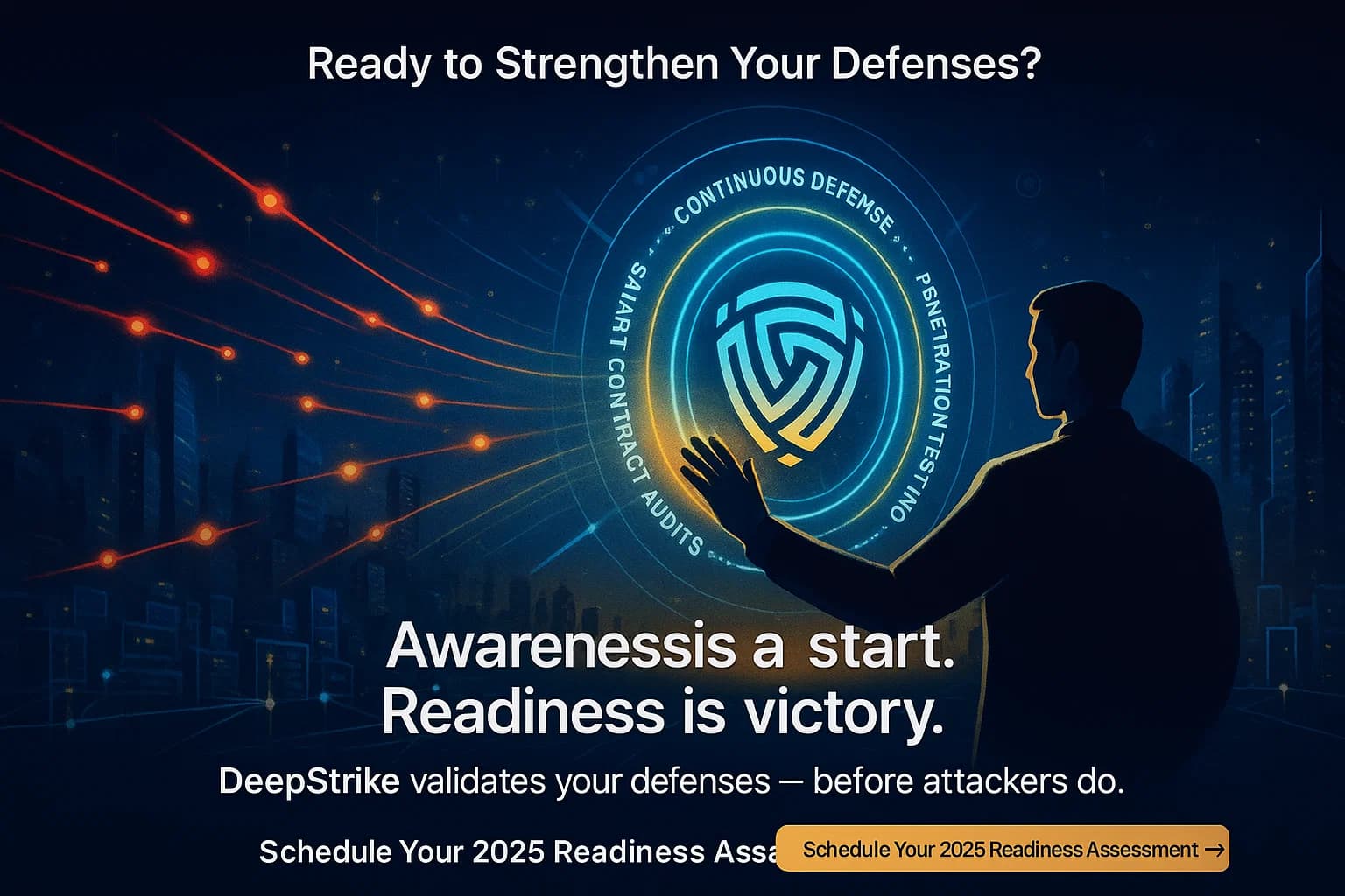 Digital illustration of a cybersecurity professional activating a holographic crypto shield labeled with Cyber Age services — penetration testing, audits, and continuous defense — blocking red threat data streams across a blockchain network.