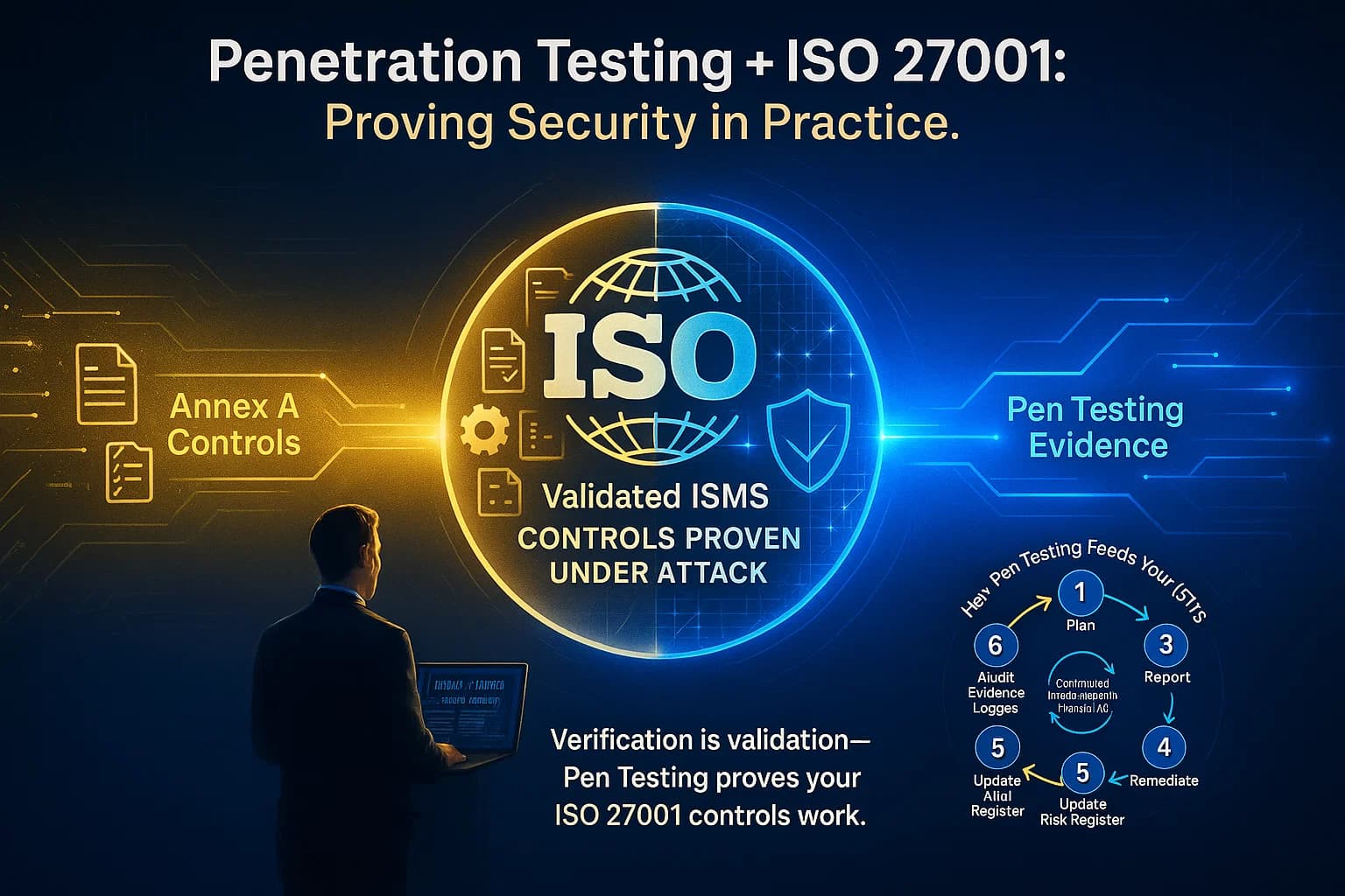 Infographic depicting ISO 27001 certification elements integrating with penetration testing visuals, symbolizing validation of security controls through active testing.
