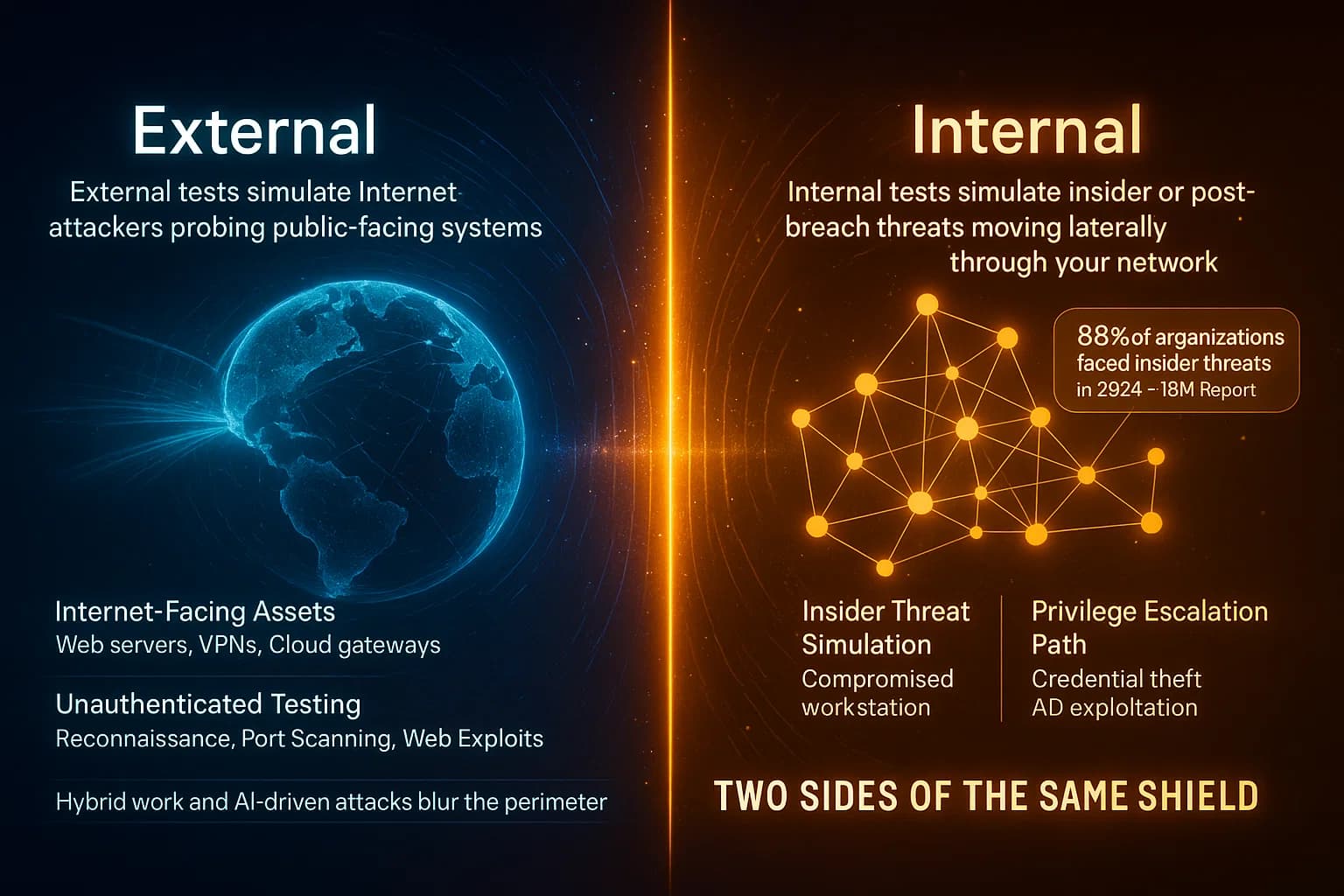 Split-scene infographic transitioning from a digital globe view, the external attack surface, to a corporate LAN schematic, the internal network, showing the shift from perimeter testing to internal exploitation