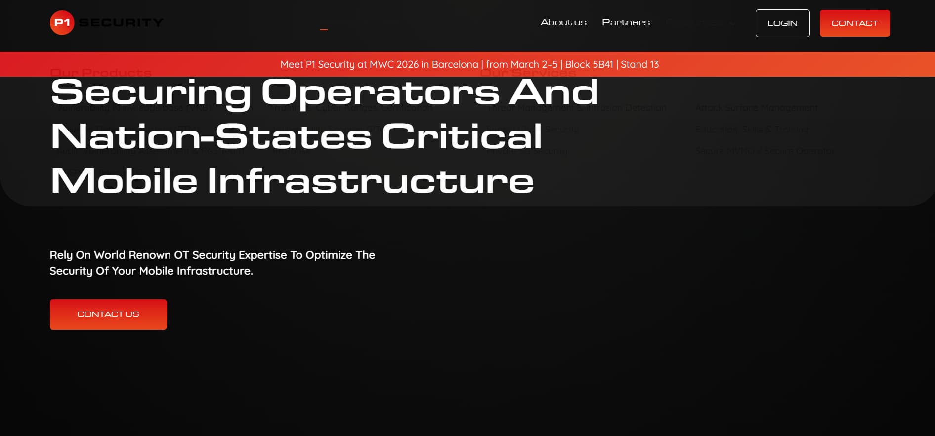 Alt: “P1 Security homepage with black and red theme highlighting ‘Securing Operators and Nation-States Critical Mobile Infrastructure’ headline.”
