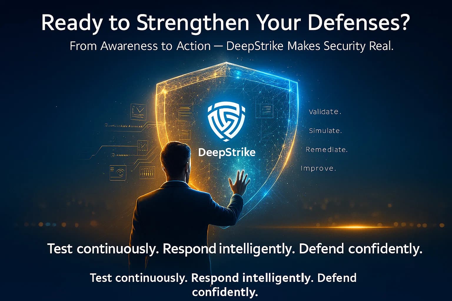 Digital illustration of a cybersecurity professional activating a glowing holographic shield with data streams converging toward the Cyber Age logo, representing proactive penetration testing and resilience.