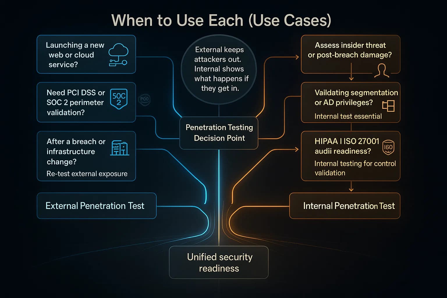 Decision-flow chart with an external branch on the left and an internal branch on the right, showing which triggers and scenarios point to each test type and where both are needed