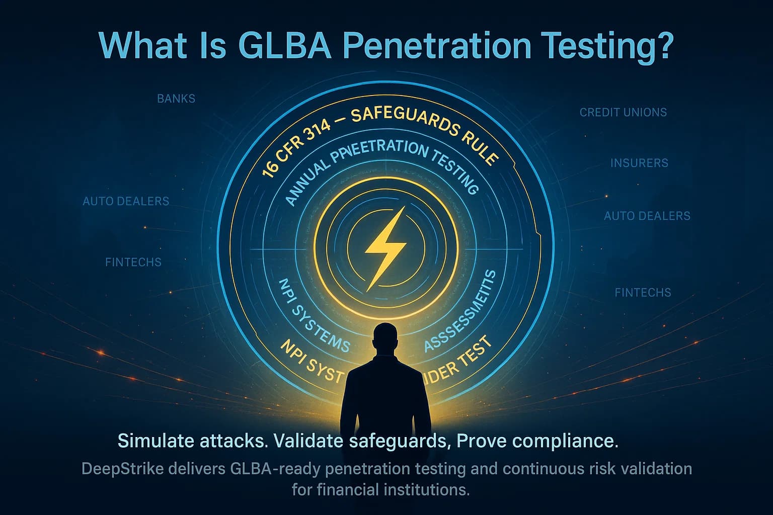 Digital illustration of a cybersecurity analyst activating a rotating holographic vault labeled with GLBA and Safeguards Rule requirements, with the Cyber Age logo glowing at its center — representing regulatory compliance and tested data protection.
