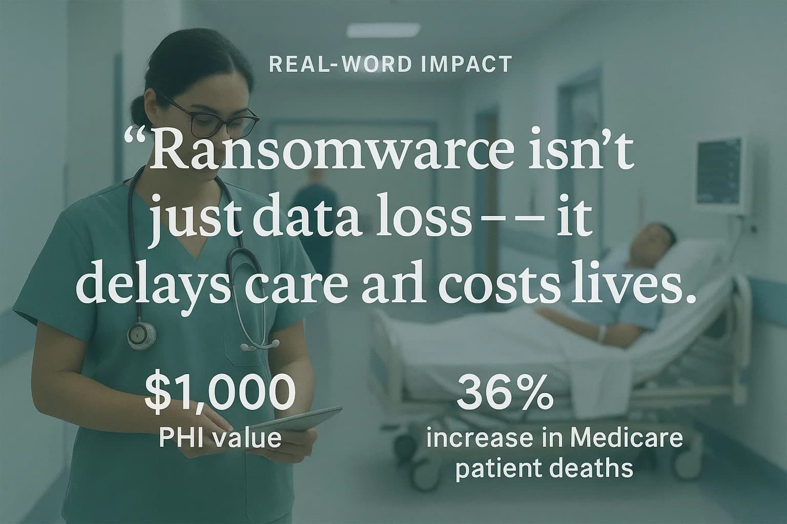 Banner image with quote: “The breach isn’t over when the attacker leaves,” plus $1,000 PHI value and Medicare patient deaths stat.