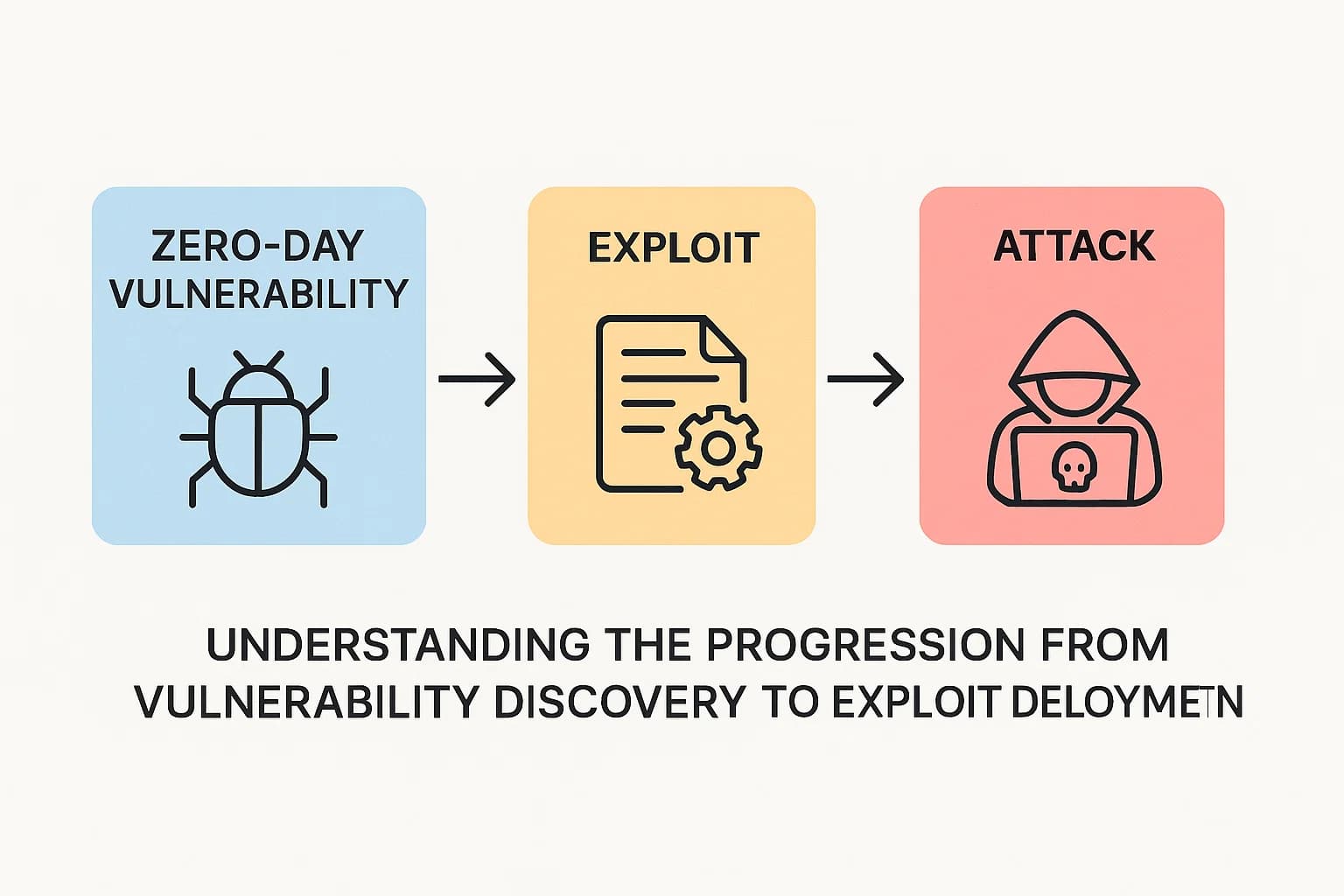Diagram illustrating zero-day vulnerability, exploit, and attack progression in cybersecurity.