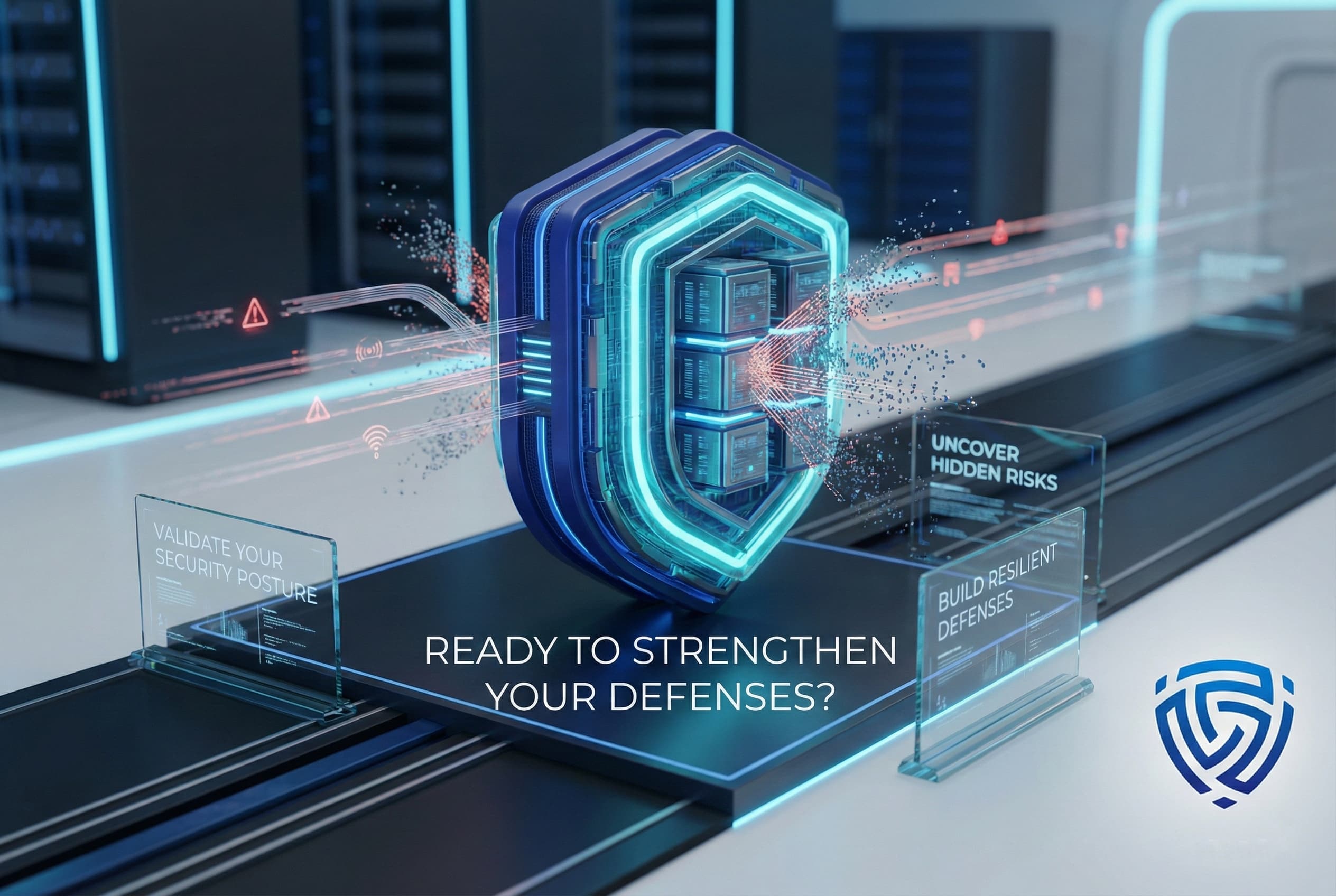 Alt text: Glowing digital shield with a stylized “G” emblem floating in a modern server room, with light trails and text about strengthening security defenses.