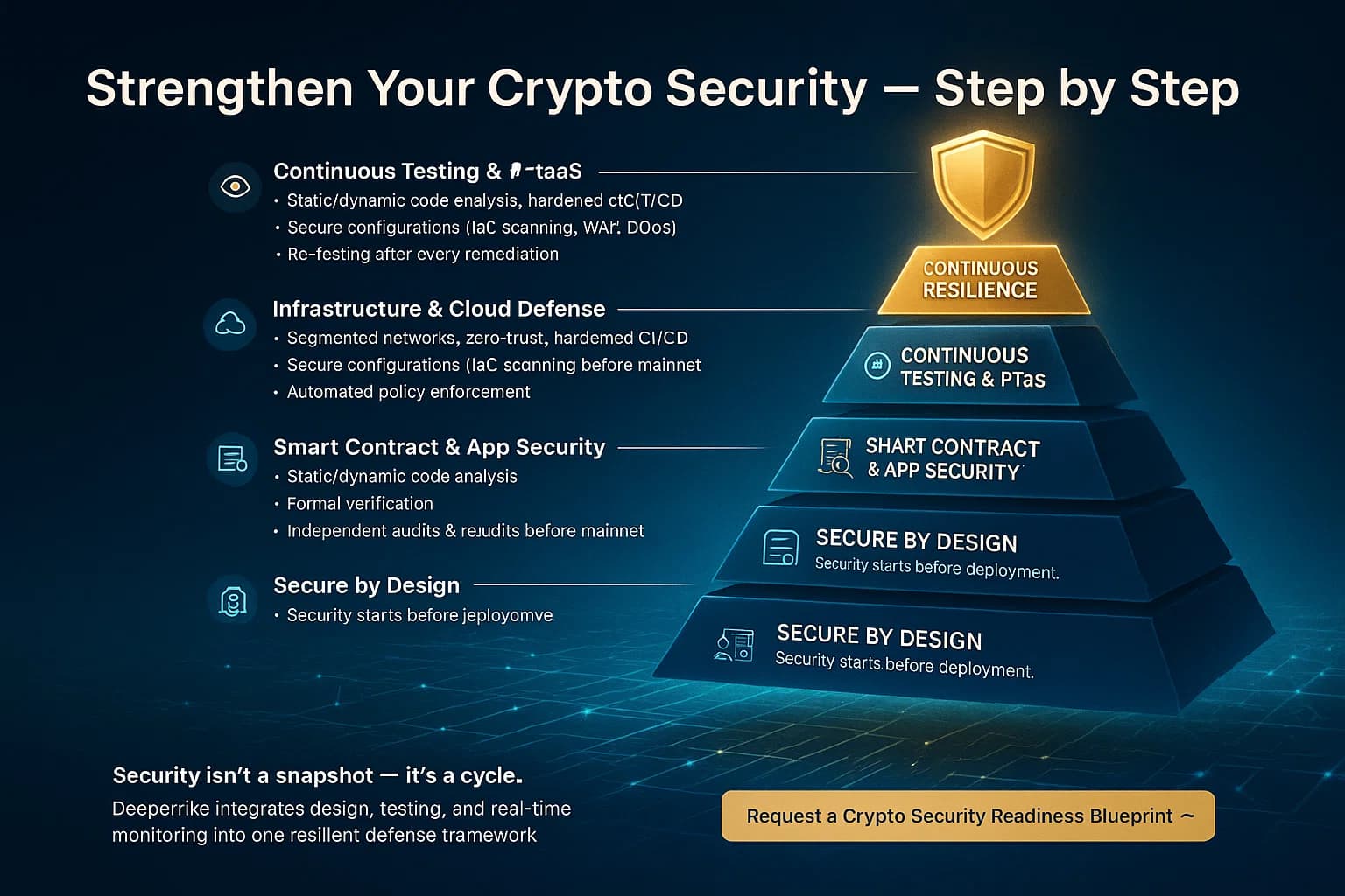 Digital illustration of a six-tier glowing pyramid labeled with crypto security steps — from secure design to continuous resilience — topped with a holographic Cyber Age shield representing complete protection.