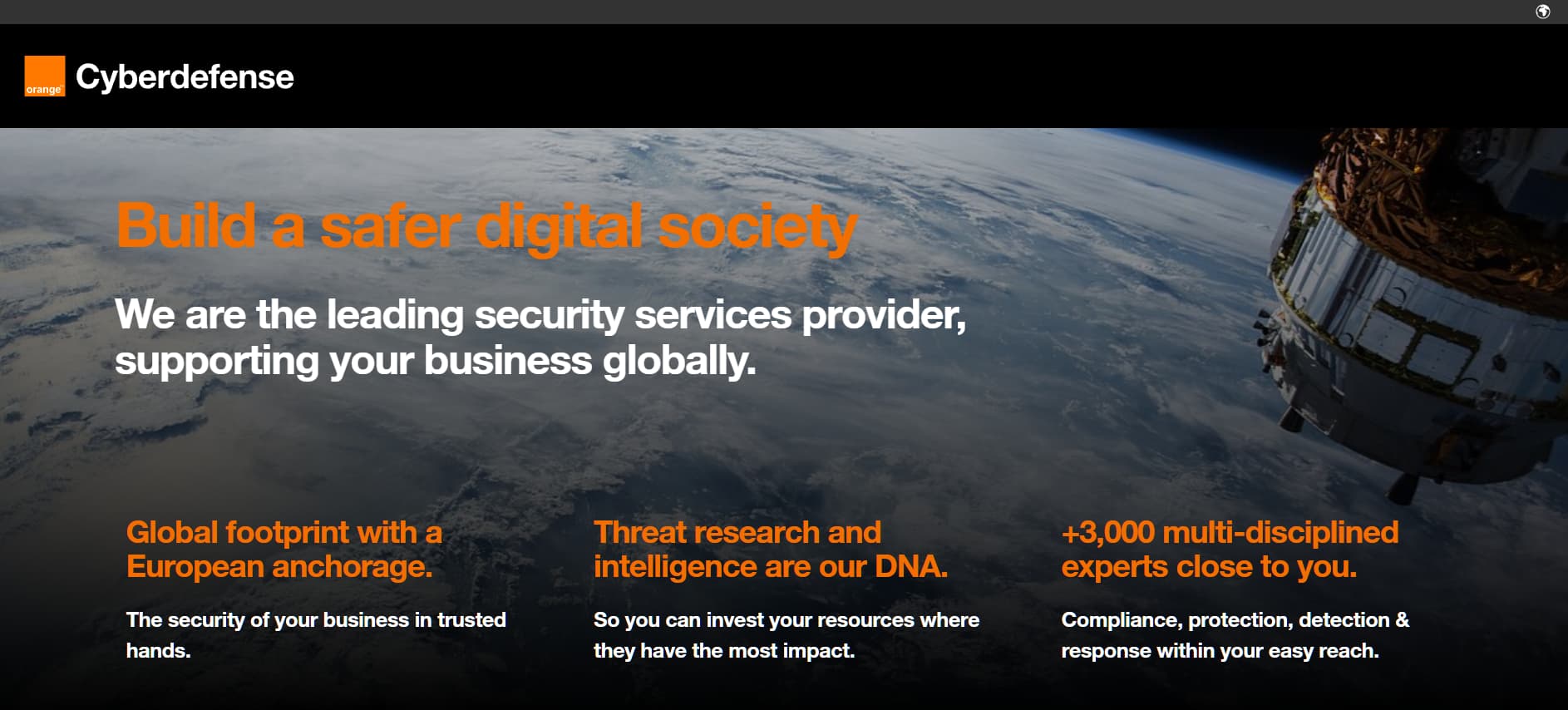 “Orange Cyberdefense homepage with headline ‘Build a safer digital society’, highlighting global security services, threat intelligence expertise, and a strong European footprint.”