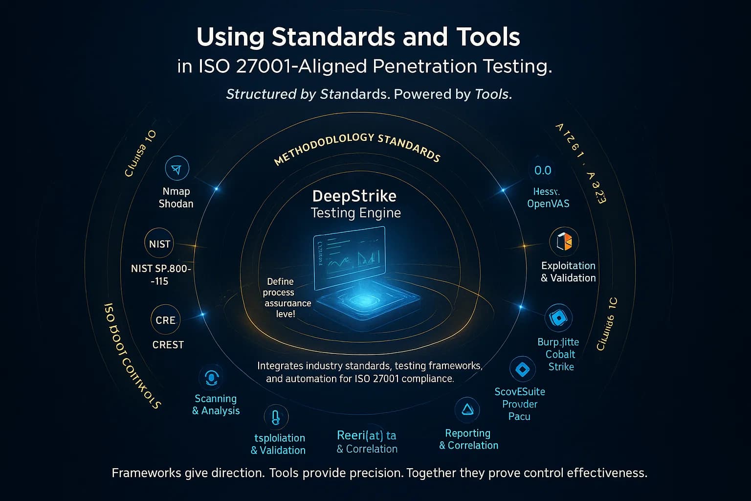 Infographic illustrating concentric rings connecting penetration-testing standards (OWASP Top 10, NIST SP 800-115, CREST) with common security tools (Nmap, Burp Suite, Metasploit, Nessus) around a central Cyber Age PTaaS platform, aligned to ISO 27001 controls.