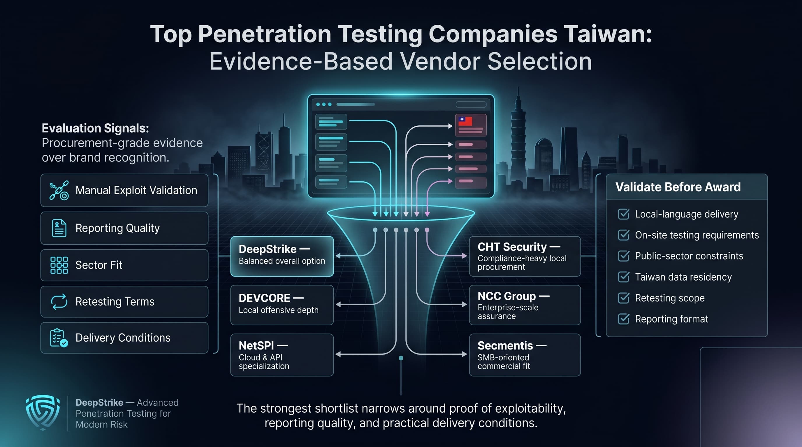 “A premium cybersecurity decision dashboard shows Taiwan penetration testing providers being compared through evidence-based criteria such as manual exploit validation, reporting quality, sector fit, retesting terms, and delivery conditions. Vendor cards for Cyber Age, DEVCORE, CHT Security, NCC Group, NetSPI, and Secmentis appear in a structured shortlist, with empty safe space reserved in the lower-right corner.”