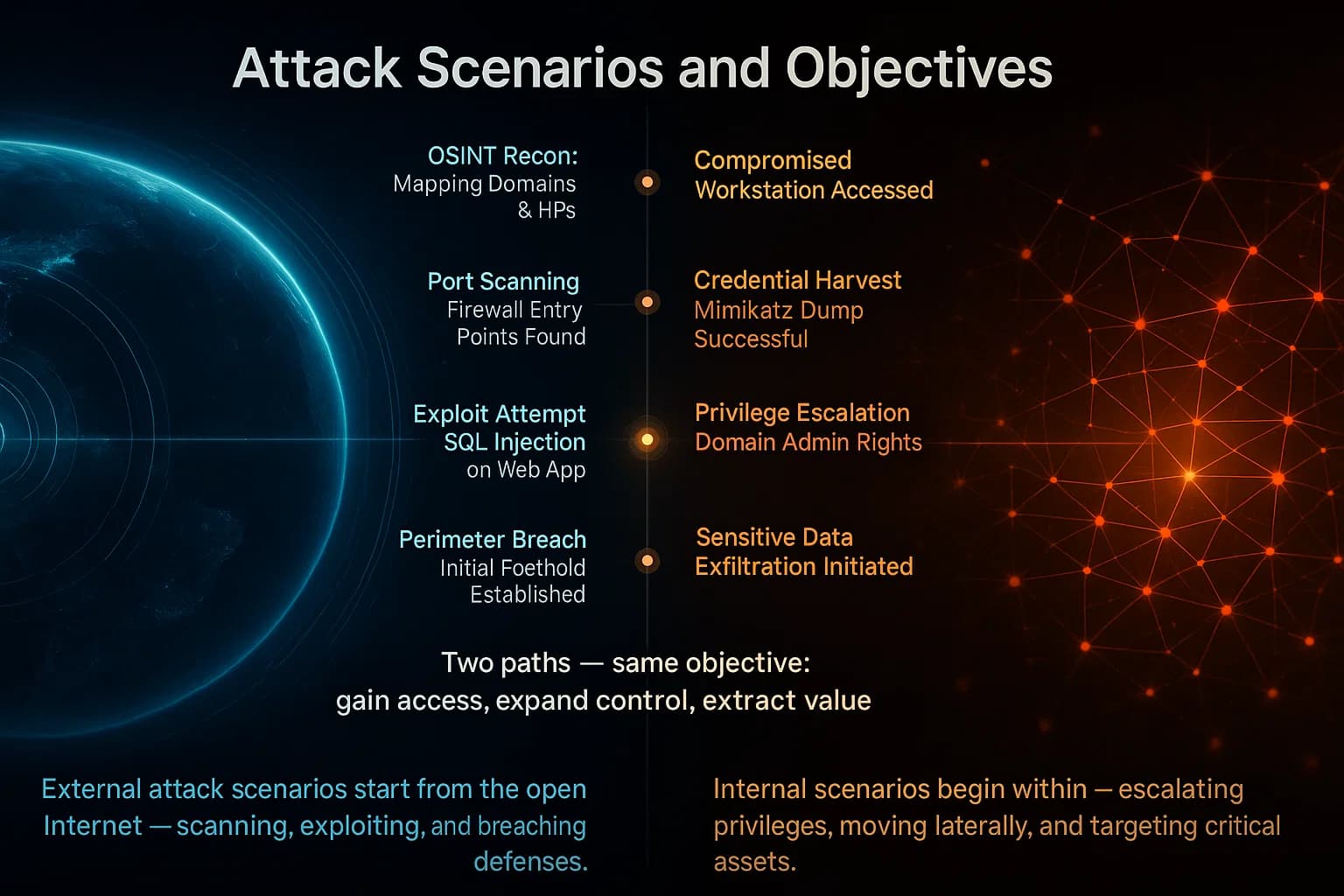 Split-screen comparison of the external attacker journey from outside in and the internal attacker moving inside the network, each mapped across reconnaissance, scanning, exploitation, privilege escalation and data exfiltration