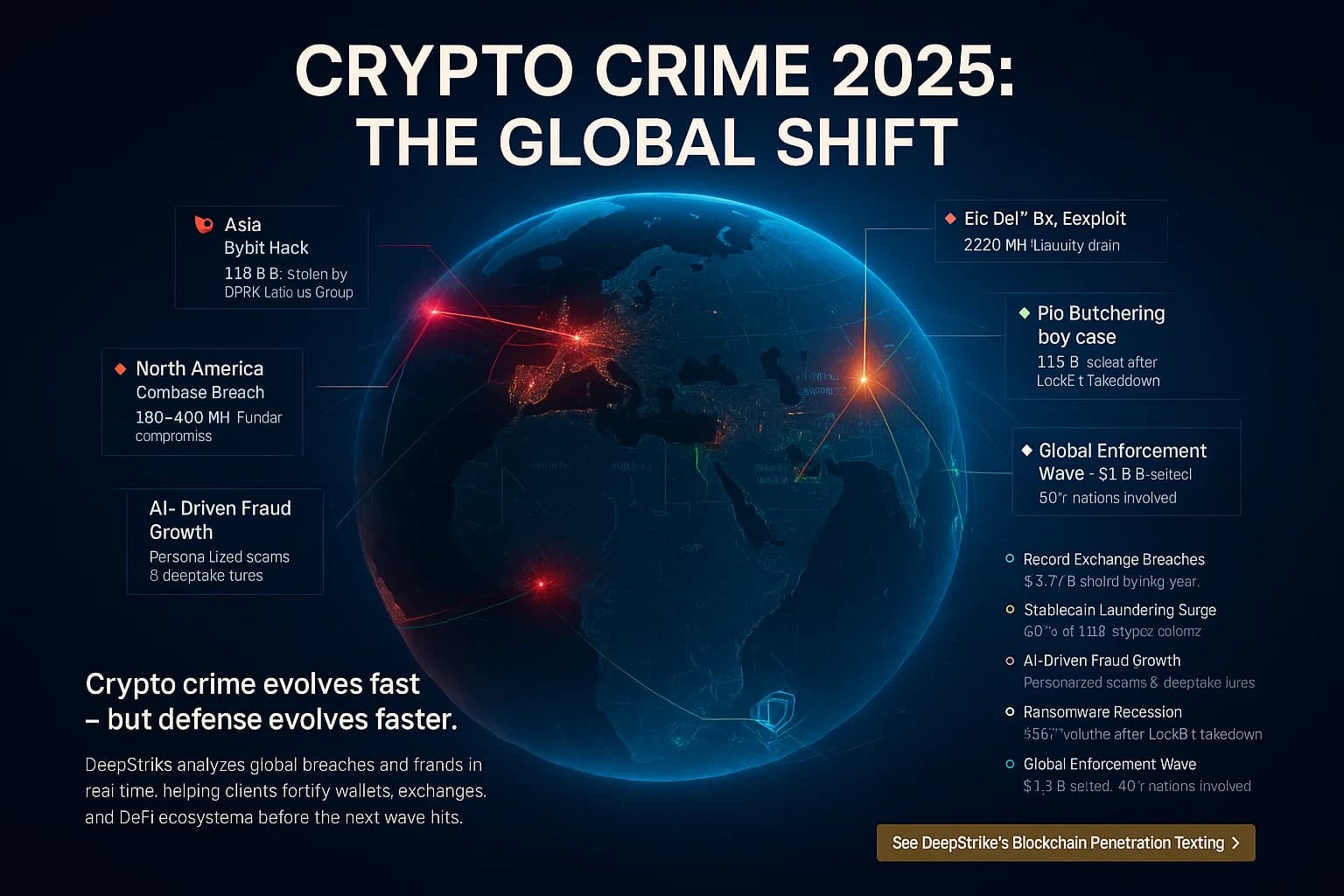 Digital illustration of a rotating holographic Earth showing global crypto crime hotspots, data trails, and 2025 trend highlights, representing Cyber Age’s intelligence and defensive monitoring of blockchain threats.