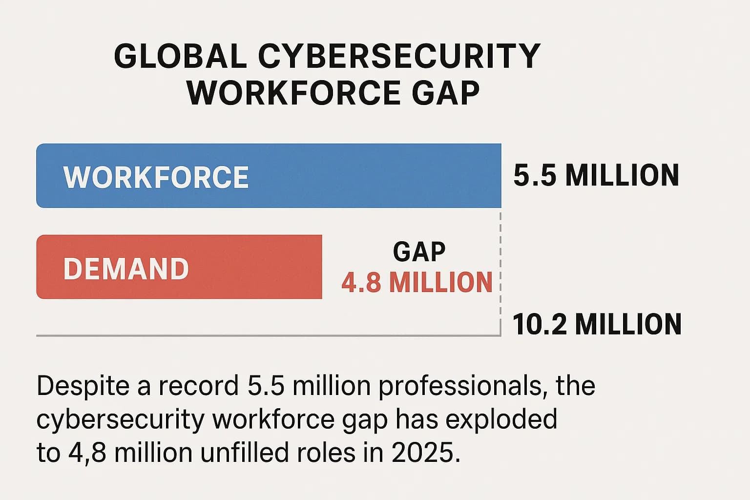 Bar chart showing global cybersecurity workforce vs. demand, with 10.2 million needed and 5.5 million available, illustrating a 4.8 million gap.
