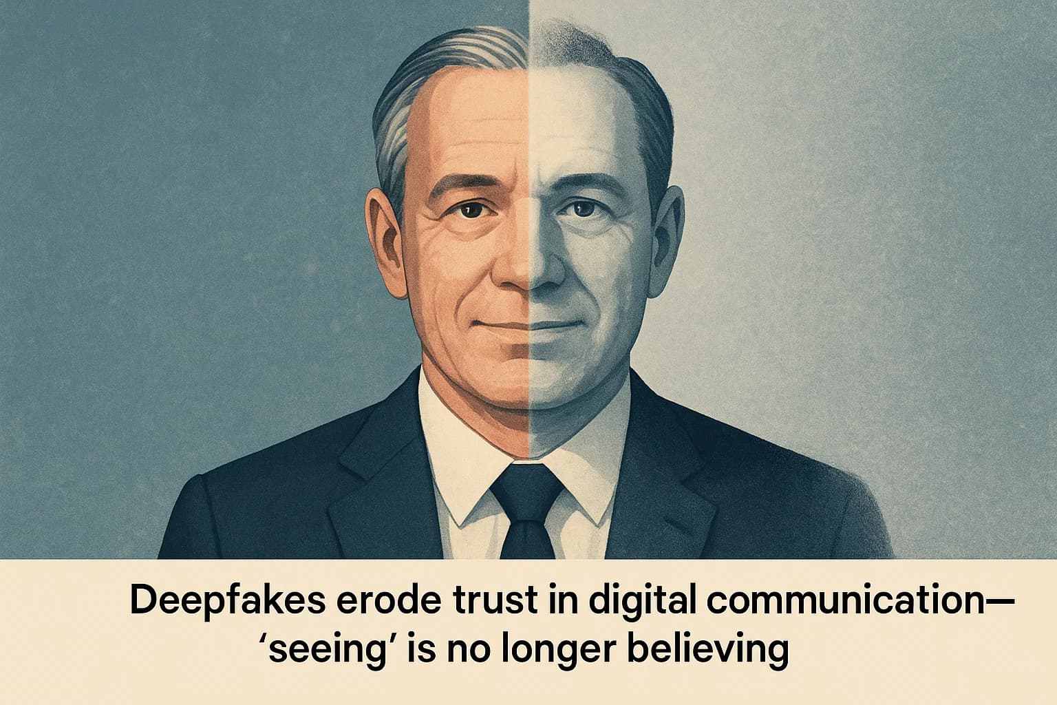 Illustration comparing a real executive and a fake AI deepfake copy, highlighting deepfake risks in social engineering.