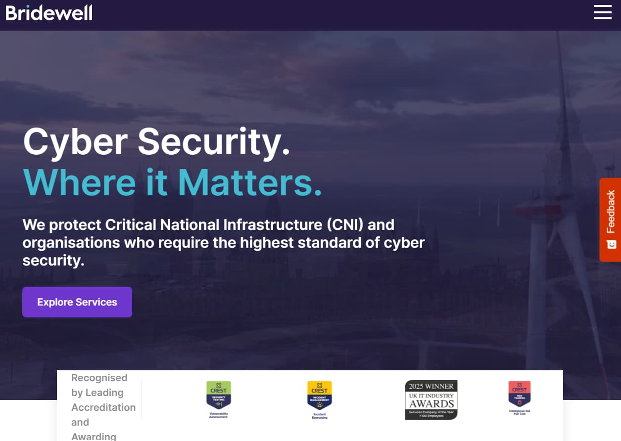 Bridewell cybersecurity homepage hero with city skyline background and “Cyber Security. Where it Matters.” headline and explore services button.