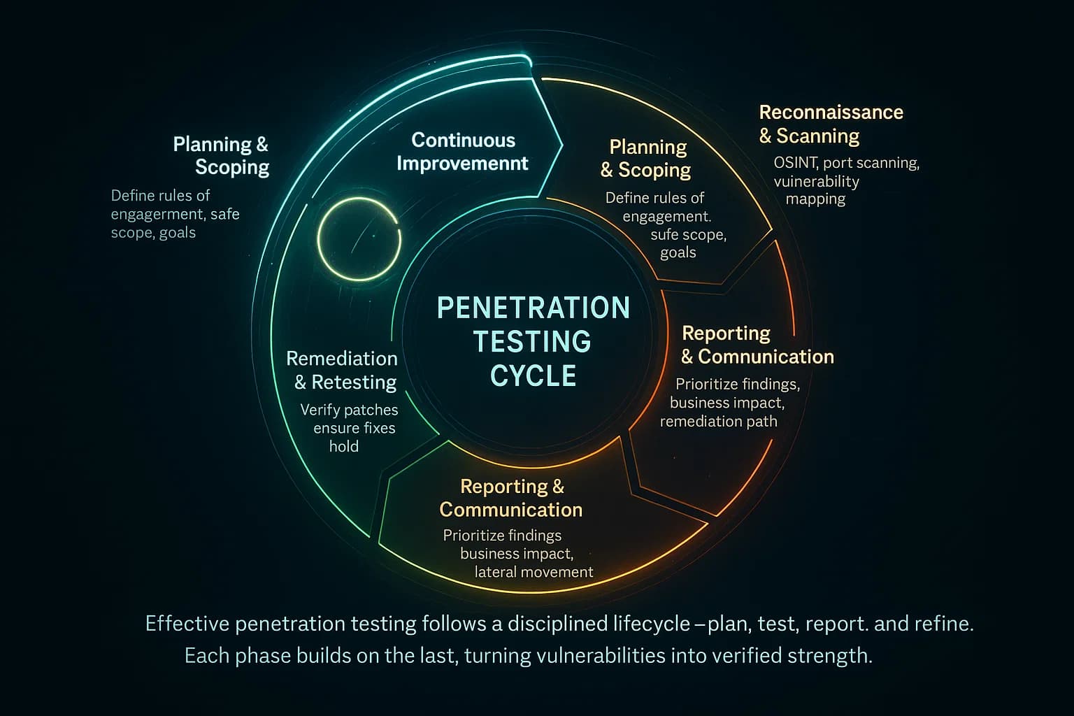 Circular lifecycle diagram of a penetration testing programme, showing how scoping, testing, remediation and re-testing turn findings into security improvements