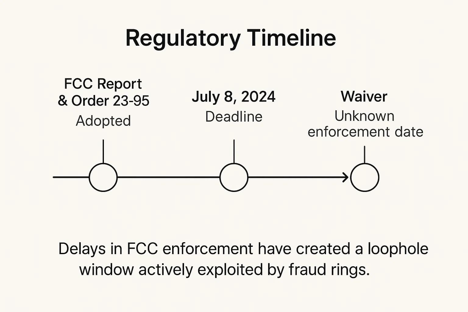 Timeline showing FCC SIM swap rules adopted in 2023, compliance deadline July 2024, and subsequent indefinite waiver.