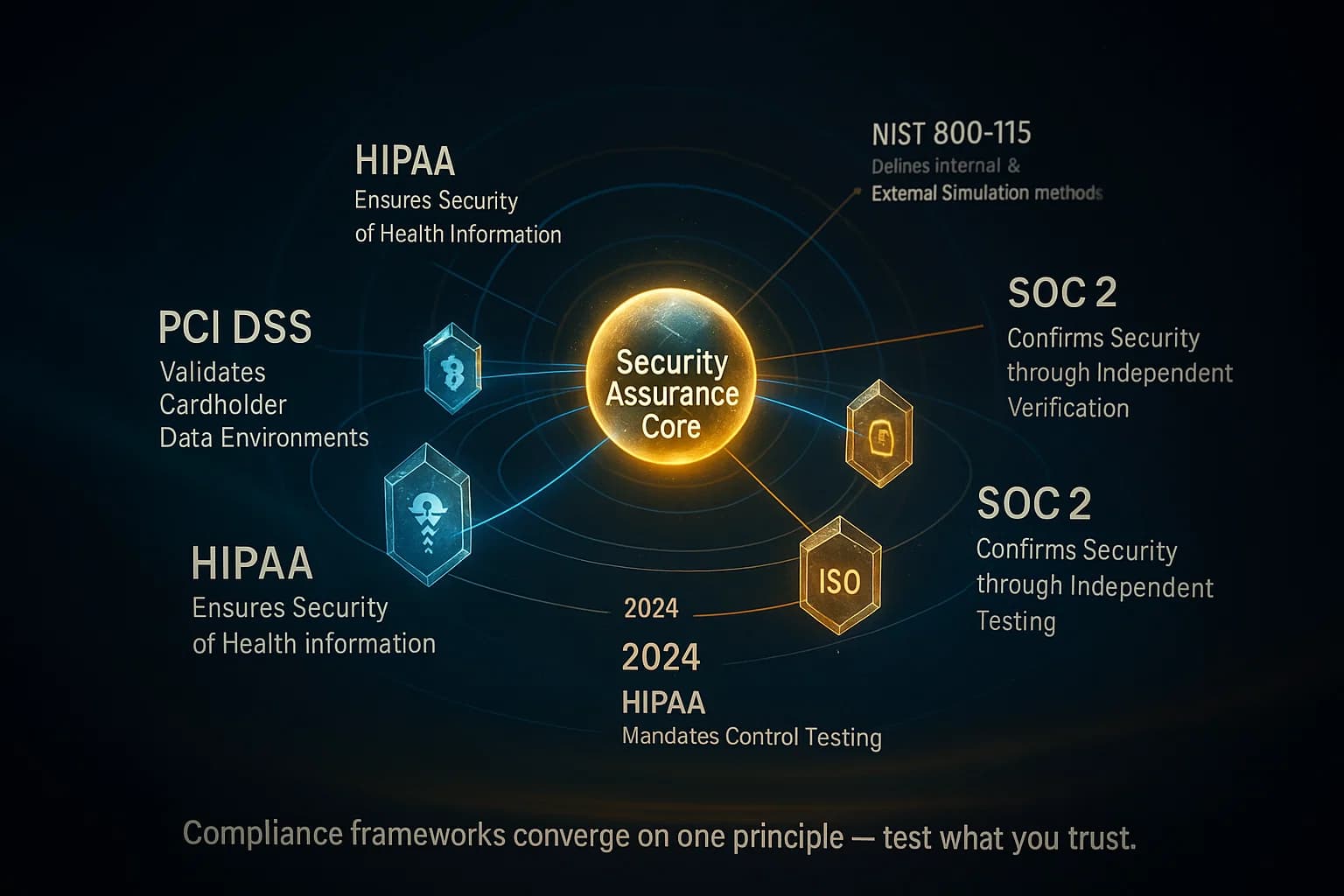 Compliance map showing PCI DSS, HIPAA, ISO/IEC 27001, NIST 800-115 and SOC 2 around a central compliance core, with lines connecting each framework to the external and internal testing it involves