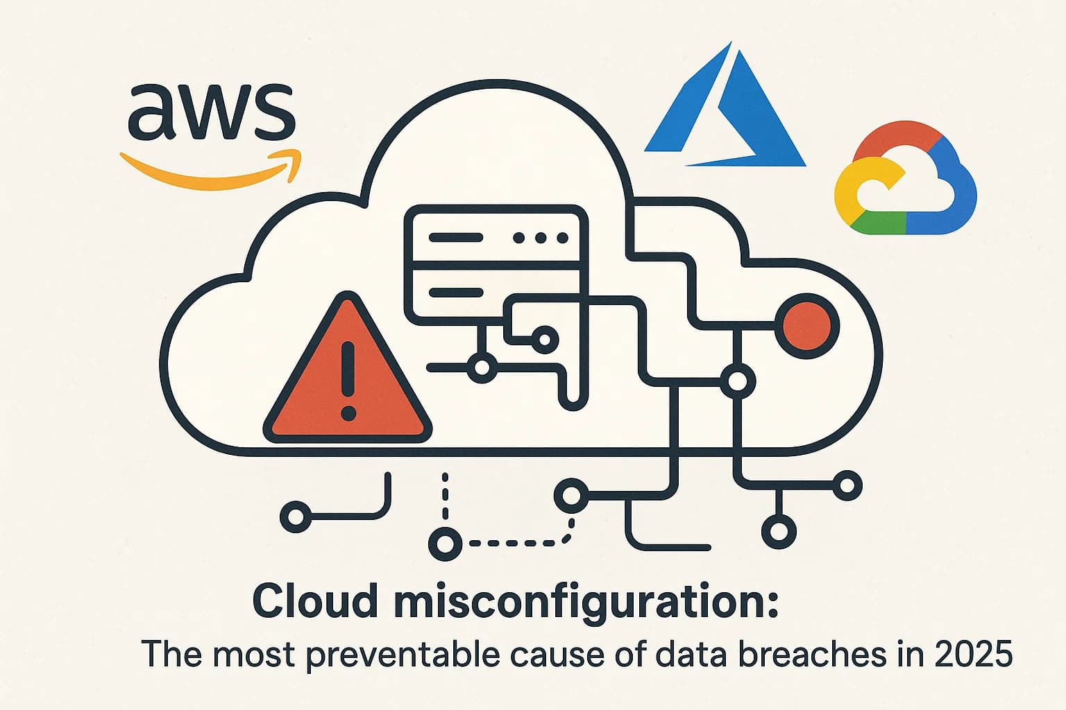 Illustration of a misconfigured cloud server with exposed data paths, warning indicators, and multi-cloud icons (AWS, Azure, GCP).