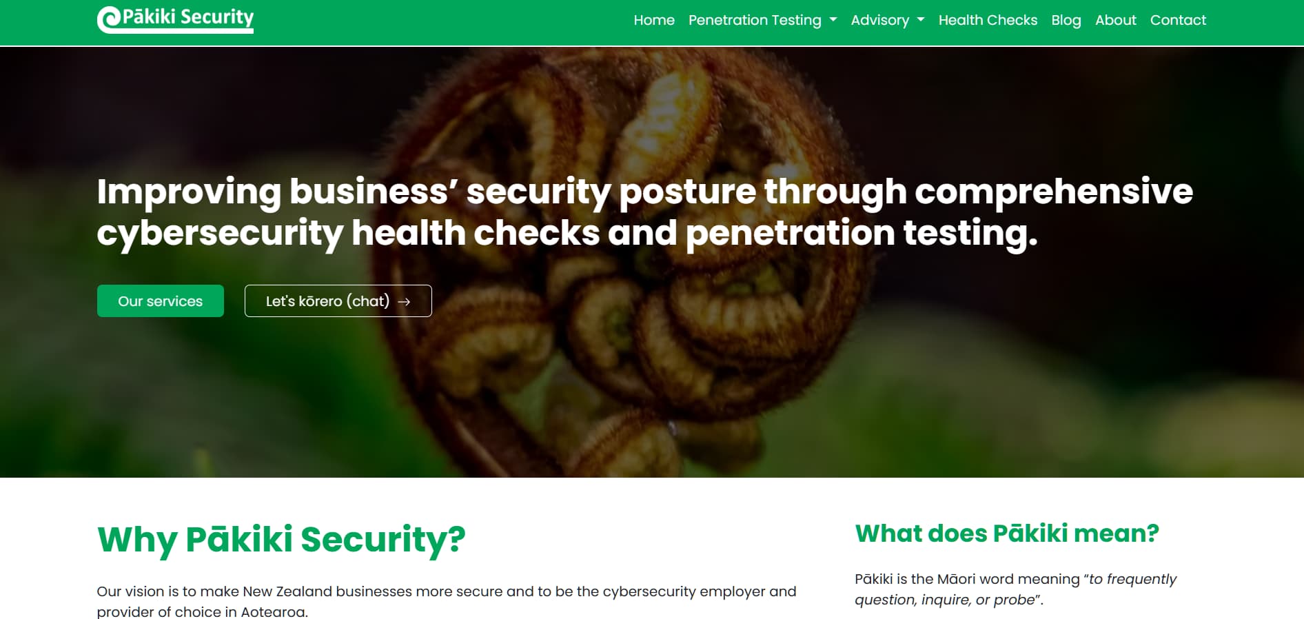 Pākiki Security New Zealand cybersecurity website homepage showing business security health checks and penetration testing services