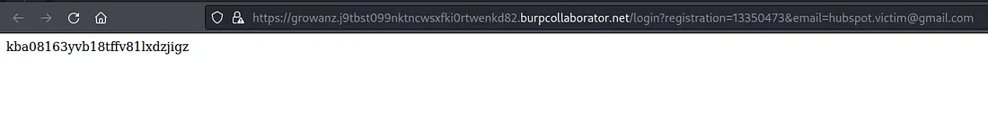 A screenshot of a web browser window. The address bar shows a URL pointing to burpcollaborator.net with query parameters for a registration number and an email address. The page content displays the string "kba08163yvb18tffv81lxd2ijgz", which is the response from the Burp Collaborator server, confirming that a server-side request was successfully made to it.