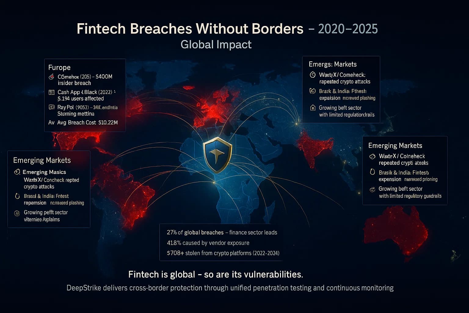 Digital illustration of a holographic world map showing fintech breach intensity by region (red zones in U.S., U.K., and APAC) with blue-gold defense networks representing Cyber Age’s global cybersecurity coverage.