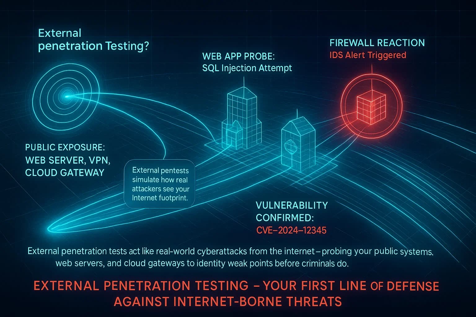 Data-map and scanning visualisation of external reconnaissance, showing an attacker mapping internet-facing hosts and services from outside the perimeter
