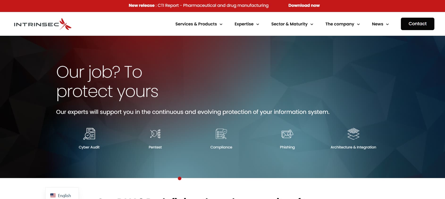 “Intrinsec cybersecurity company homepage with headline ‘Our job? To protect yours’, highlighting services such as cyber audit, penetration testing, compliance, phishing protection, and security architecture.”